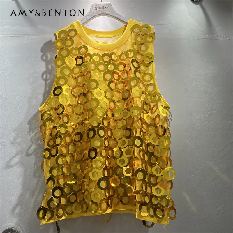

Retro American Fashion Sleeveless Tank Top Female Spliced Bright Sequin Design Round Neck Loose Casual All Match Streetwear Vest