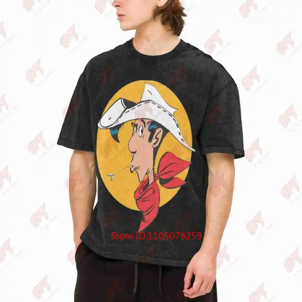 Lucky Luke Funny Cartoon Western Vintage Washed Tee Pure Cotton T-Shirt