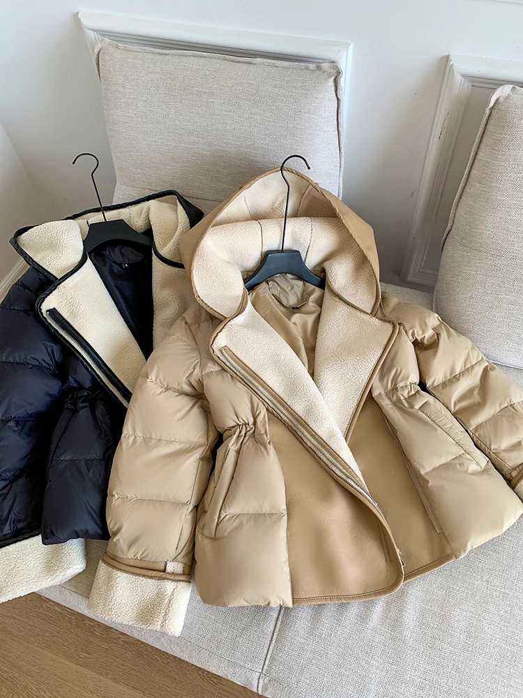 Schinteon Women Lambswool White Duck Down Jacket with Hood Autumn Winter Warm Outwear Casual Patchwork Coat European Style