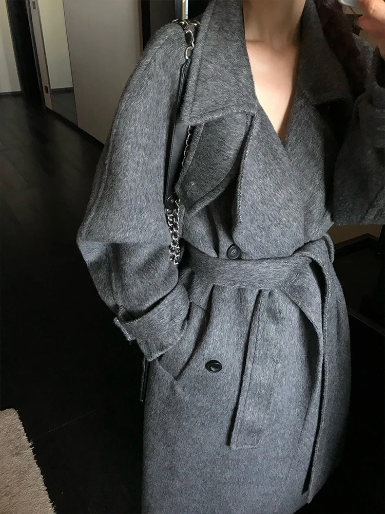 Lady Doppio Petto Yak Capelli Giacche di Lana da Donna 2025 Autunno E Inverno Più Caldo Allentato Lace-Up Lungo Cappotti di Lana da Donna