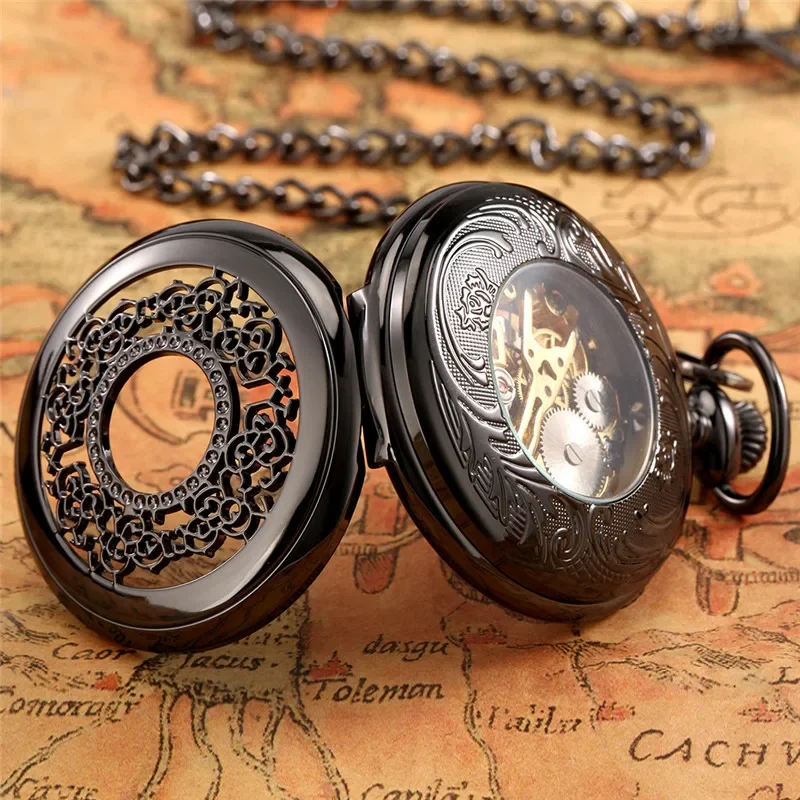 Antique Hollow Out Mechanical Hand Winding Pocket Watch for Men Women Steampunk Half Hunter Clock FOB Pendant Chain Watches Gift