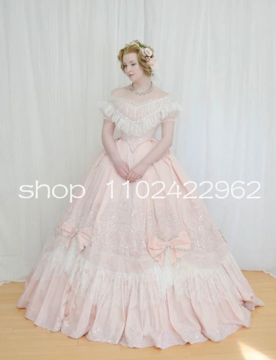 Historical 1860s\' Pink Sateen Prom Dresses for Women Off Shoulder Lolita Nustle Corset victorian Evening Gown Princess Queen