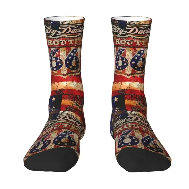 

American Flag Route 66 Happy Dress Socks Breathable Funny Vintage Crew Socks Novelty Street Style Crazy Socks for Men Women