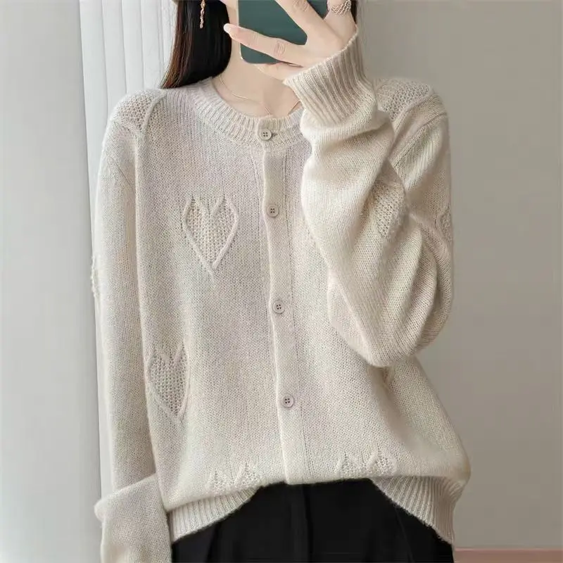 Thick Grid Love Pattern Jacquard Autumn Winter New Single Breasted Round Neck Warm Women's Cardigan Casual Joker Loose Lazy Tops