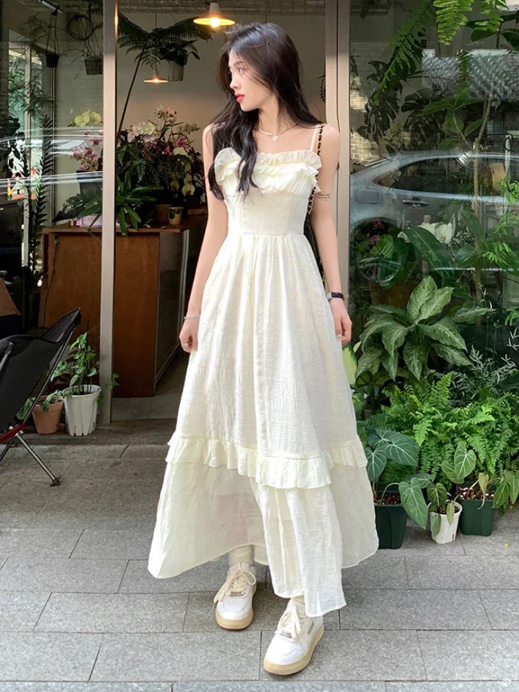 

Платье на тонких бретельках, женское летнее милое дизайнерское платье с оборками, повседневное кавайное шикарное праздничное платье, эстетичный длинный вечерний сарафан