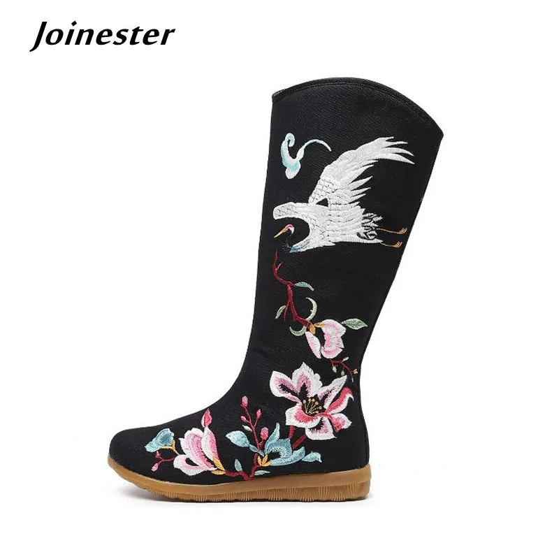 

Women Vintage Long Boots Ethnic Embroidered Cotton Fabric Wedge Booties Side Zip Casual Mid-Calf Boot Female Autumn Shoe