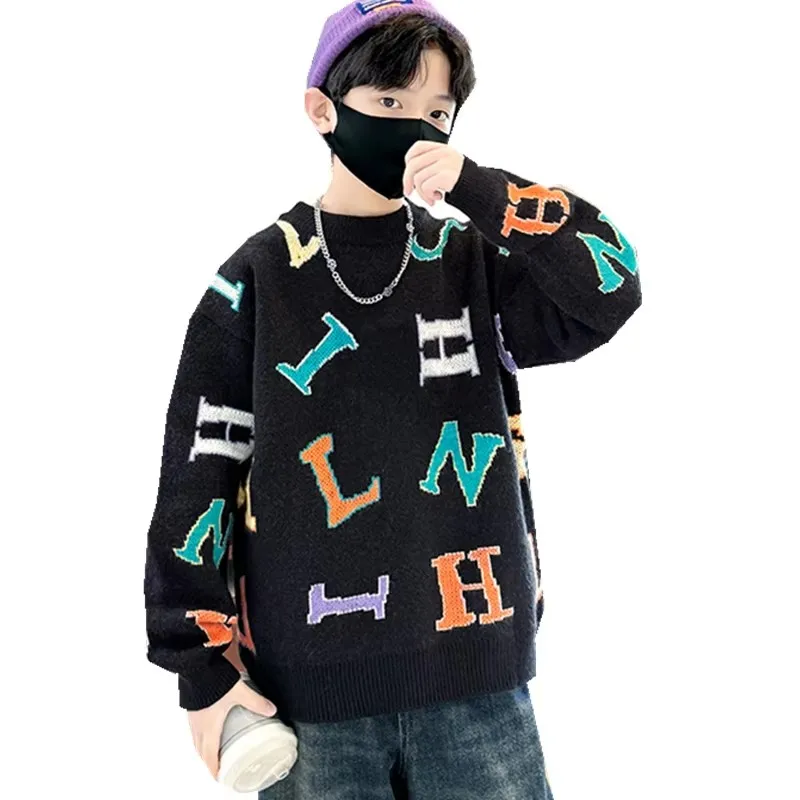 

2025 Spring Kids Vintage Black Sweater with Letters For Boys High Street Knitted Wear Elegant Child Casual Pullover Knitwear