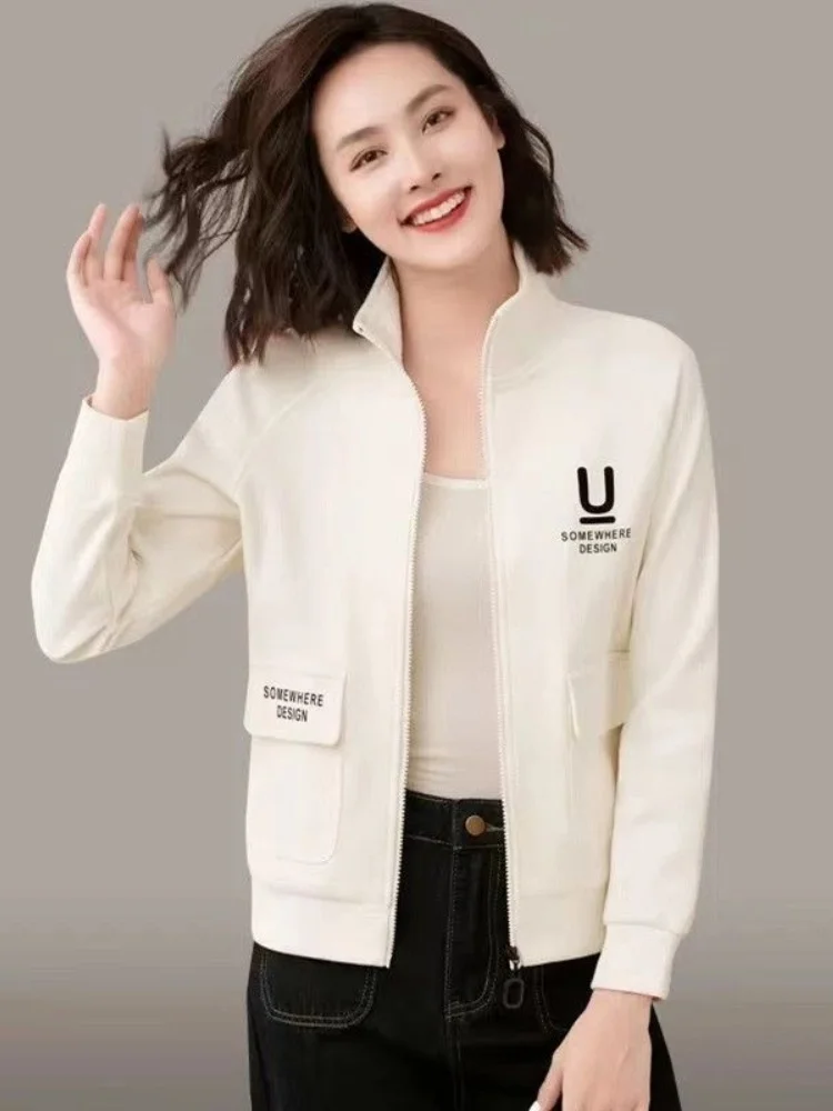 Women's Open Cardigan Sweatshirt Jacket Spring Autumn Loose Thin Sporty Casual Short Zipper Clothes Straight Tube Type