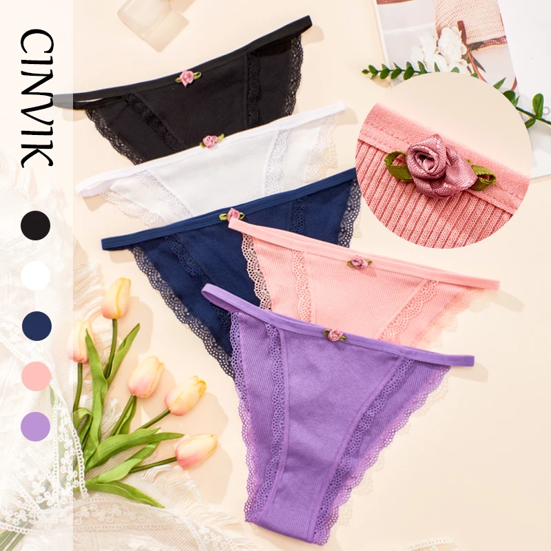 

3pcs Mid Waist Solid Color Pure Cotton Slim Waistband Sexy Lace Thong Pink Flower Female Panties Elastic Cozy Ultra-thin Briefs