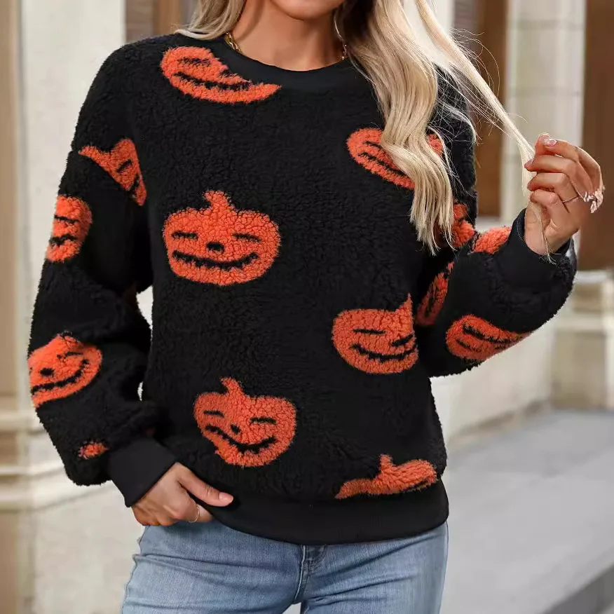 

Women Autumn Halloween Pullovers Sweatshirt Pumpkin Pattern Round Neck Sweater Fashion Popular Holiday Gifts Warm Plush Hoodies