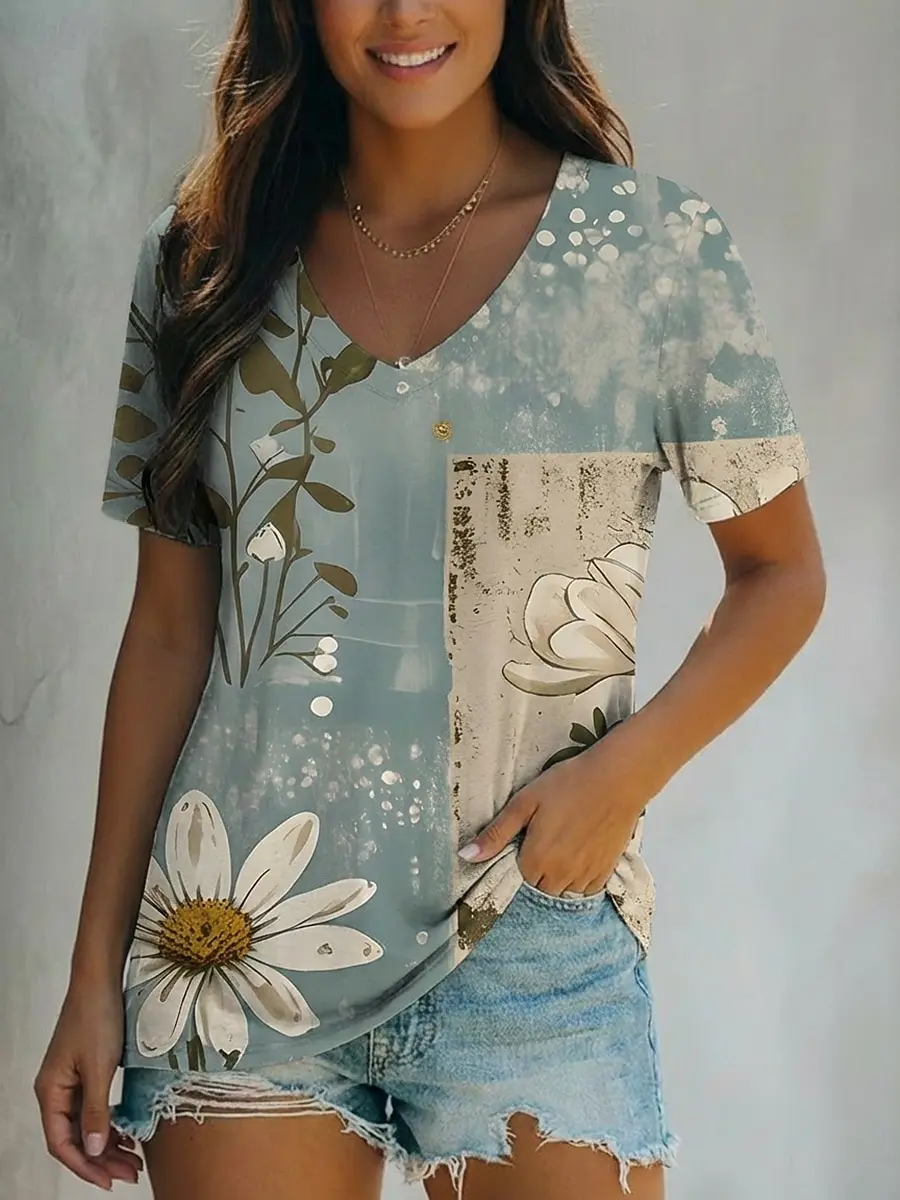 Women's Stylish V Neck Short Sleeve T Shirt Floral Print Casual Regular Tops Daily Wear Blue Ideal for Spring and Summer