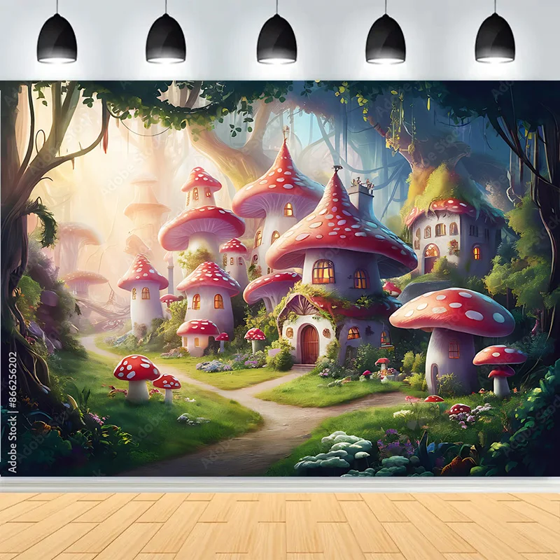 Fairy Tale Magical Forest Photography Backdrops Mushrooms Sunlight Gingerbread House Life Tree in Wonderland Background MF-02