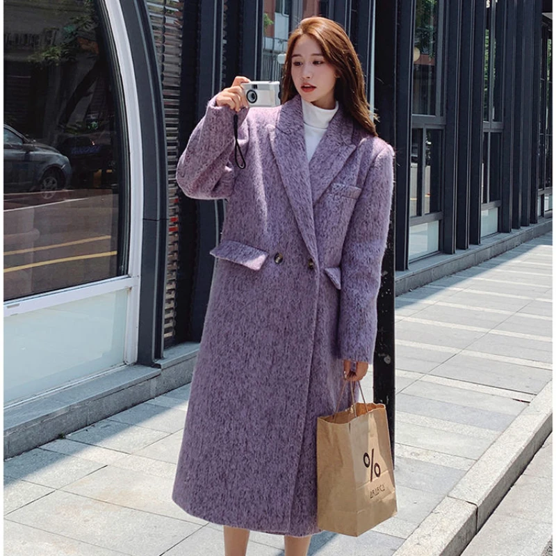 High-Grade Women Long Below The Knee Woolen Coat Winter Female Temperament Suit Collar Purple Outwear Fashion Casual Outcoat