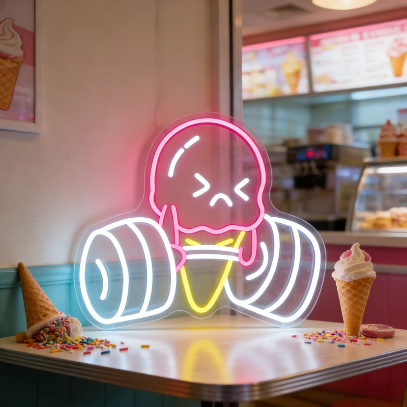 面白いアイスクリームを持ったダンベルのネオンサイン、調光可能なledネオンライト、アイスクリームショップ、スタジオ、寝室、ジムの壁飾り、usbランプ