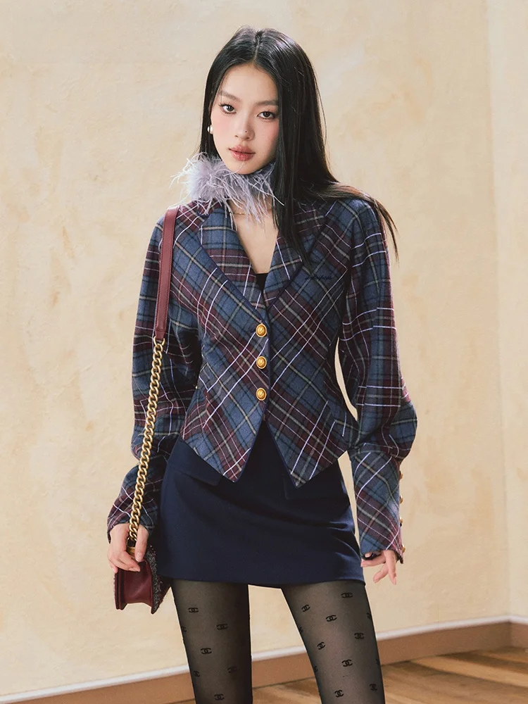 

Underpass Original Design Waist-Cinching Batwing Sve Plaid Suit Jaet Low Waist Bodycon Skirt Two-Piece Set Skirt