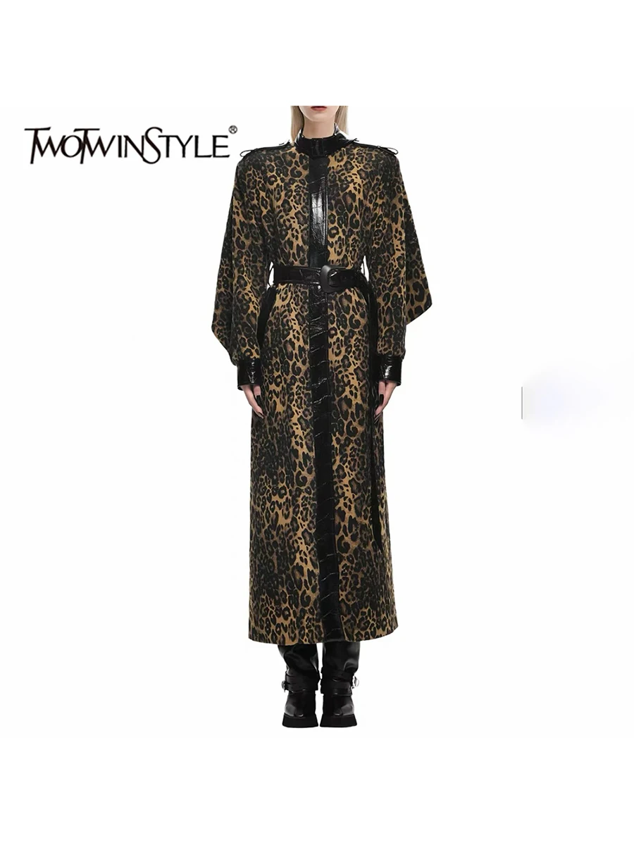 TWOTWINSTYLE Leopard Print Spliced Epaulet Colorblock Jacket for Women Stand Collar Long Sleeve Patchwork Zipper Jackets Female