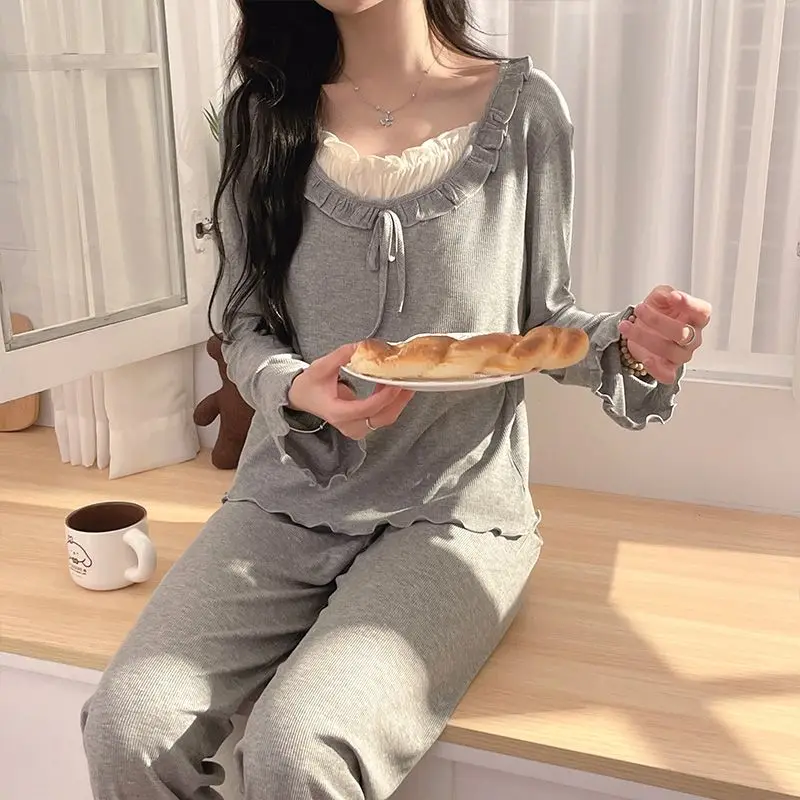 أطقم بيجامات قطنية مشروط بأكمام طويلة لربيع وخريف 2026 للنساء ملابس نوم كورية لطيفة بفيونكة ملابس منزلية ملابس بيجاما موهير #3