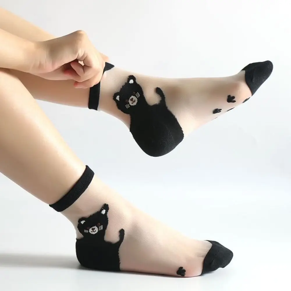 

5Pairs Transparent Cat Crystal Silk Sock Patchwork Breathable Nylon Ultra-thin Socks Short Ankle Non-Slip Tube Socks for Women