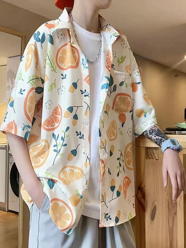 

Мужская летняя тонкая свободная модная рубашка из ледяного шелка с гавайским принтом и воротником-стойкой для молодежи