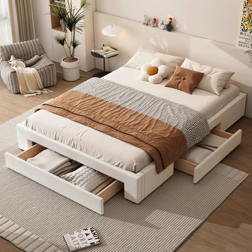 160*200cm flatbed, three storage compartments, without headboard, color beige