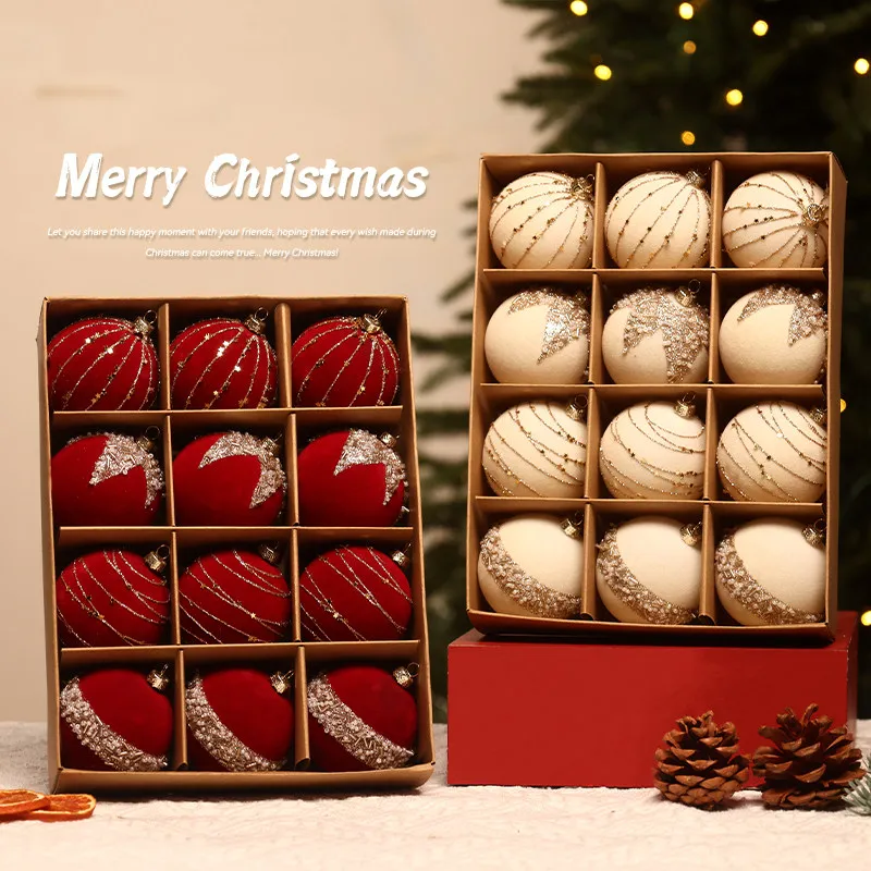 High-end Red Flocked Christmas Ornament Balls Unique Craft Design To Upgrade Xmas Tree Holiday Atmosphere