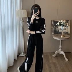 Black casual sports suit for women in Spring and Autumn 2024, fashionable and stylish, slimming T-shirt, wide leg pants two-piec