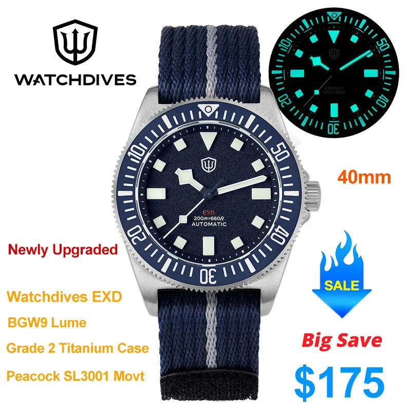 Watchdives EXD 40mm Mechanical Watch Peacock SL3001 Automatic Movement Sapphire Crystal BGW9 Lume Grade 2 Titanium Men's Watch