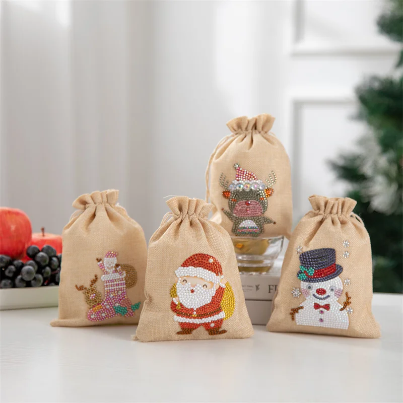 Cubierta de botella de vino de Navidad con pintura de diamantes, taladro de forma especial, Kits de Feliz Navidad DIY, bolsa con cordón de decoración navideña