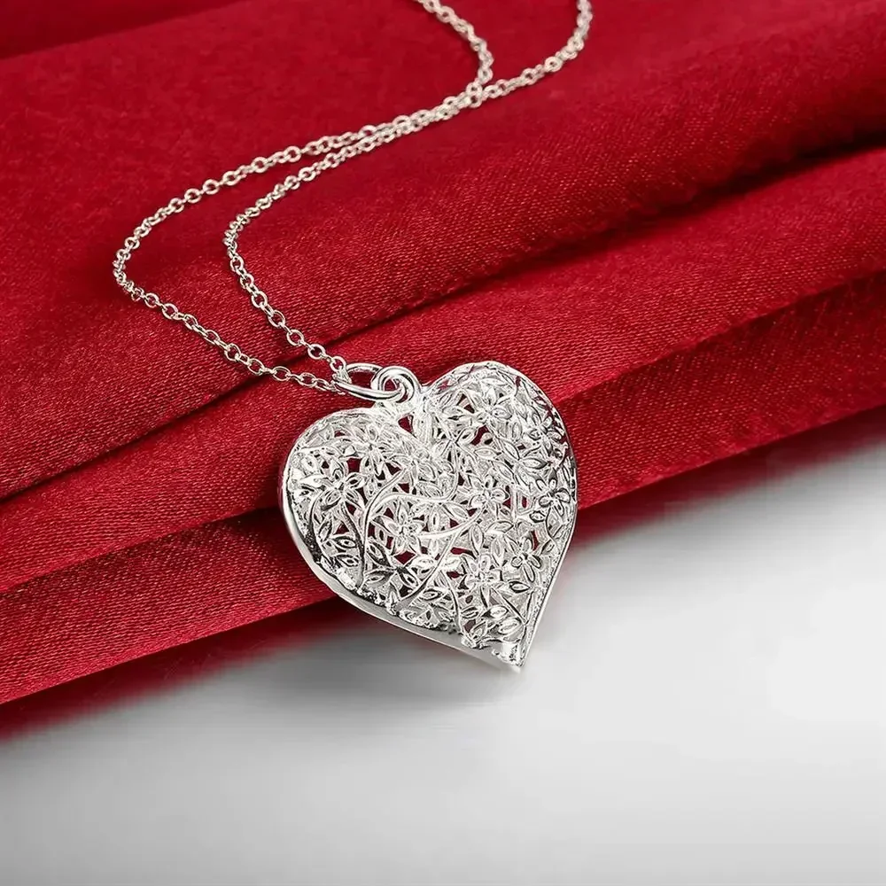 

Hot 925 Sterling Silver Leaf Pattern Heart Pendant Necklace For Women Popular Brand Christmas Gift Party Wedding Fashion Jewelry