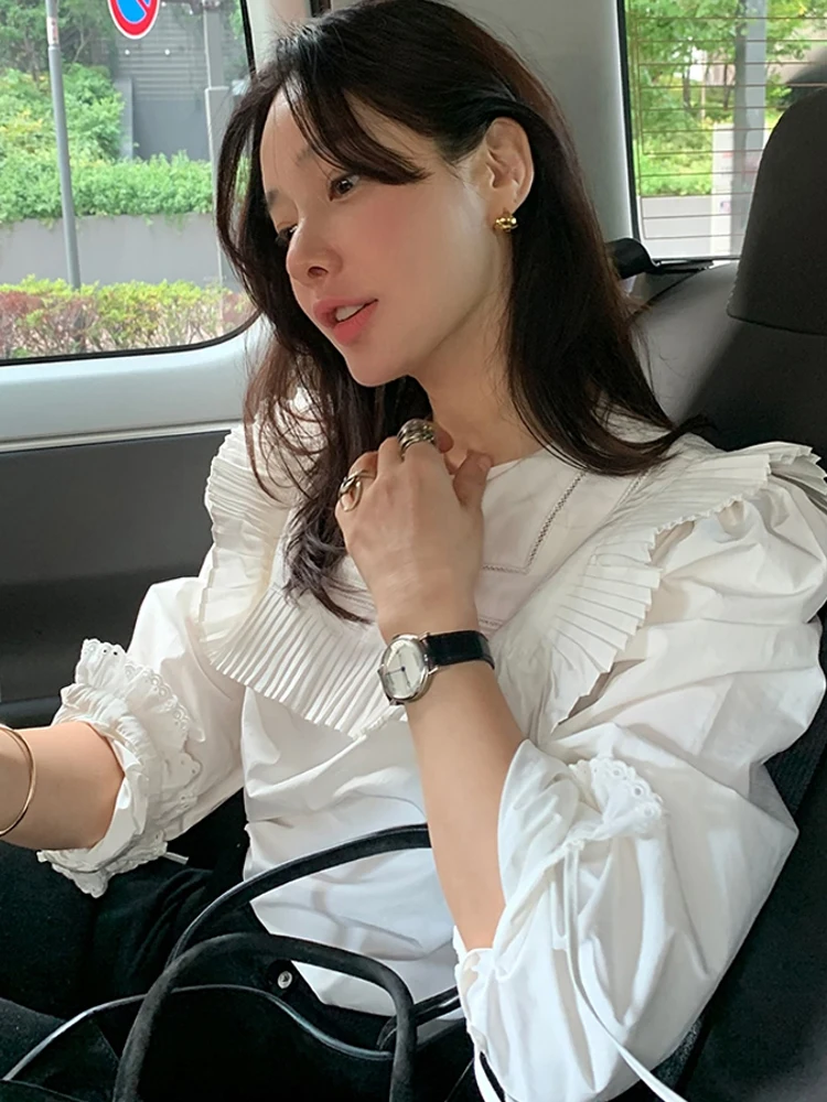 

Ele Pleated Ruffle Trim round Ne White irt Women Spring Autumn Loose Versatile Navy Collar Base Top Korean Sle