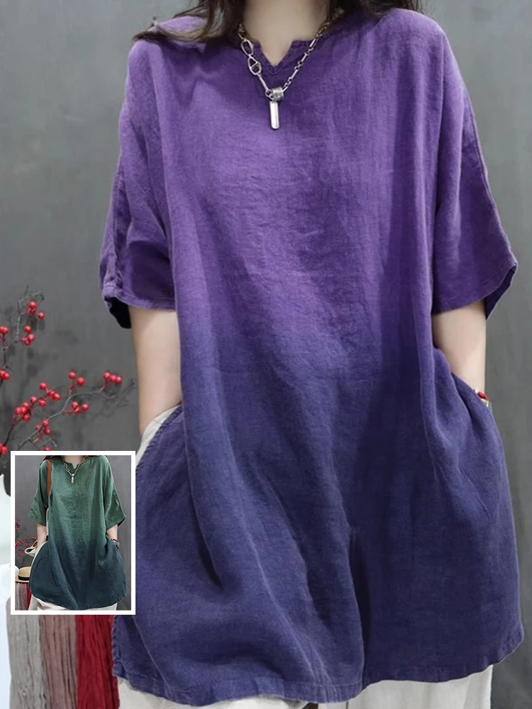 

Retro f Sve Linen irt adient Dye Casual Mid-Length V-Ne Side Slit Summer Top for plus Size Women Comfortable Fit