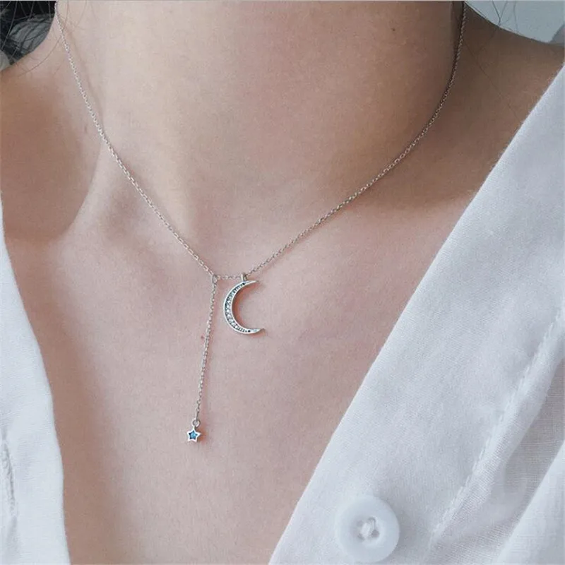 New Beautiful Moon And Star Five-pointed 925 Sterling Silver Jewelry Personality Crystal Exquisite Gift Women Necklaces  XL229