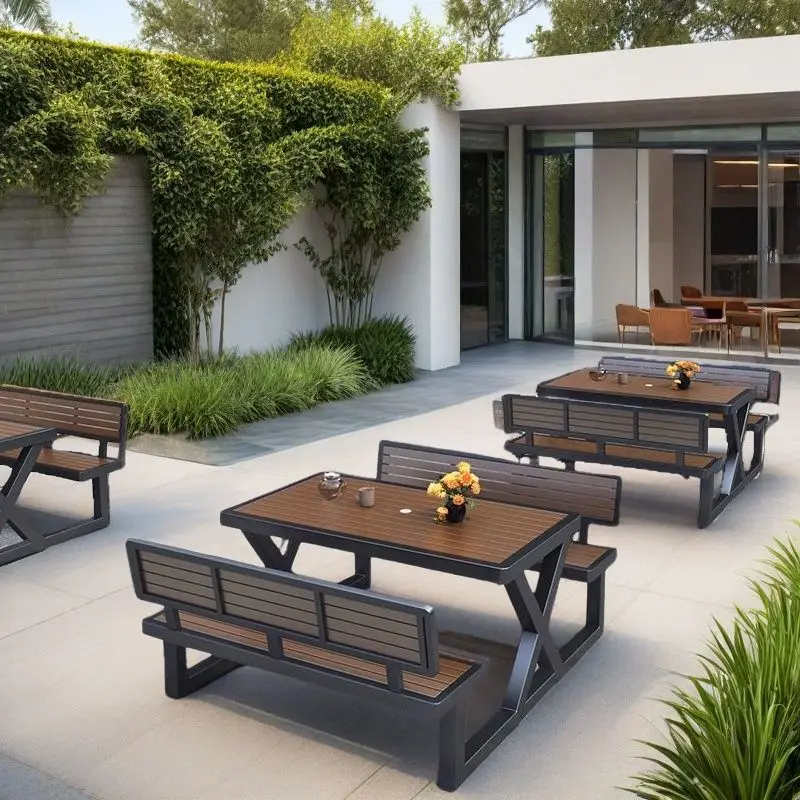 Internet celebrity outdoor tables and chairs plastic wood long table combination integrated open-air courtyard waterproof