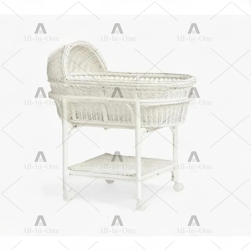 For Premium Handmade Rattan Baby Cradle Sustainable Wicker Cradle with Wheels and Shelves Modern Baby Care Furniture