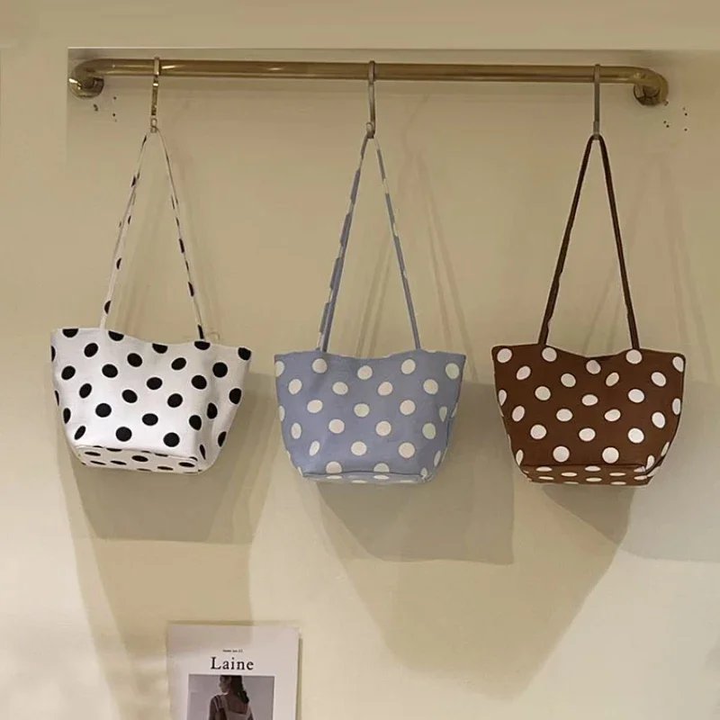 Korean Polka Dot Denim Canvas Crossbody Bag,Women Lightweight Casual Stylish Everyday Purse,Colorblock Commute Work Handbag