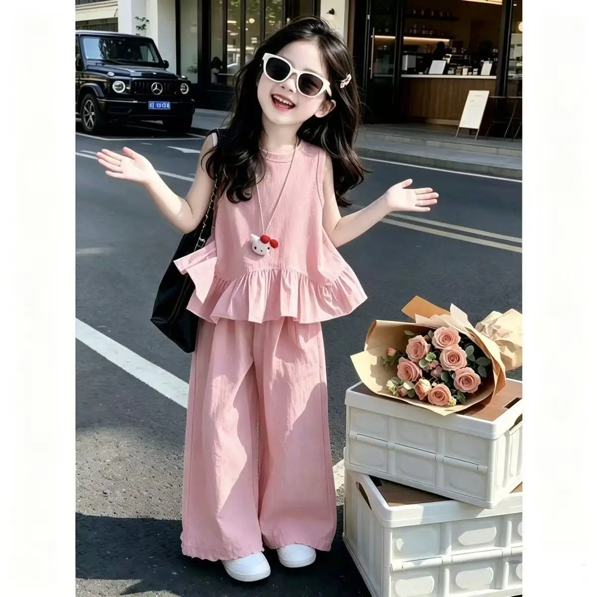 

Summer Baby Girl Sleeveless Shirt Lace Edge Wide Leg Trousers Set Fashion Toddler Kids Thin 2 PCS Outfit 90-140CM