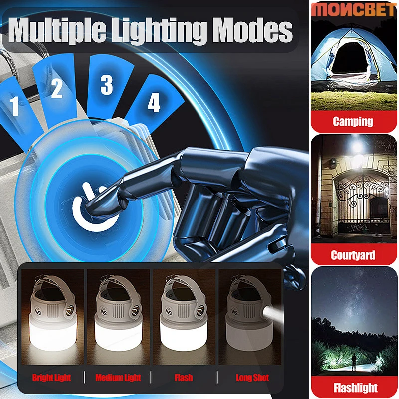لمبة إضاءة LED تعمل بالطاقة الشمسية USB قابلة لإعادة الشحن للتخييم بقدرة 2400 مللي أمبير في الساعة كشاف خارجي محمول متعدد الاستخدامات مع مصباح يدوي