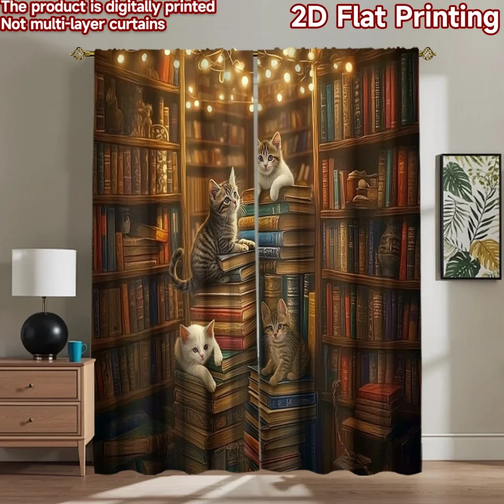 2D flat 2pcs Curtain Home Short Curtains Kittens in Library Durable polyester fiber Party Decorations for All Occasions for