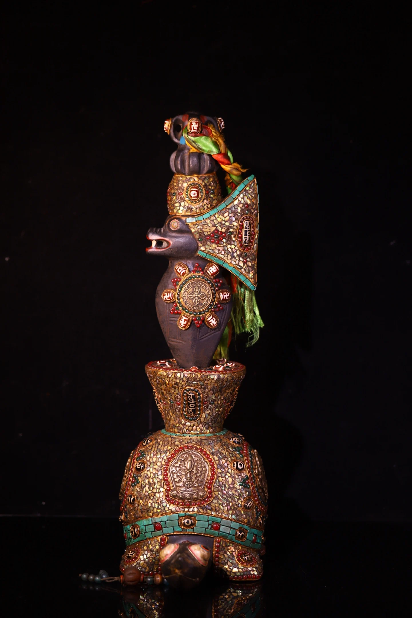 Old Natural Meteorite Painted Mosaic Gem gZi Beads Turquoise Vajra Phurpa Beast Head Statue Turtle statue Base Worship Hall