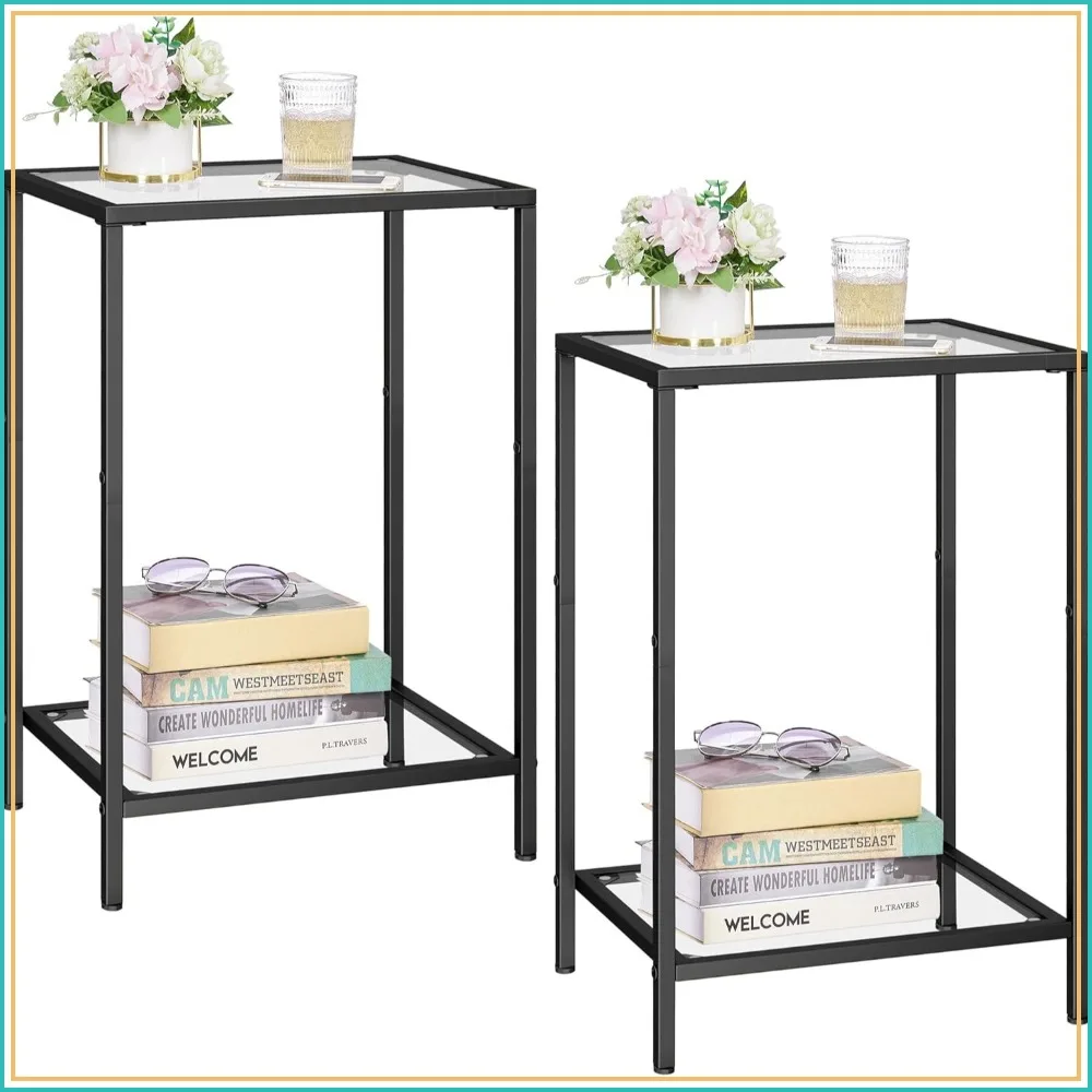 

Set of 2 Side Tables with Tempered Glass, 2-Tier Nightstands, Slim Coffee Table for Living Room, 11.8"D x 15"W, Black