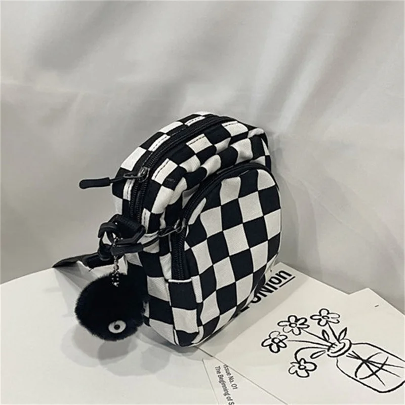 Women\'s Small Messenger Bags Ladies Canvas Printed Cute Black and White Plaid Bag Lady Student Shoulder Bag Zipper Purse Handbag