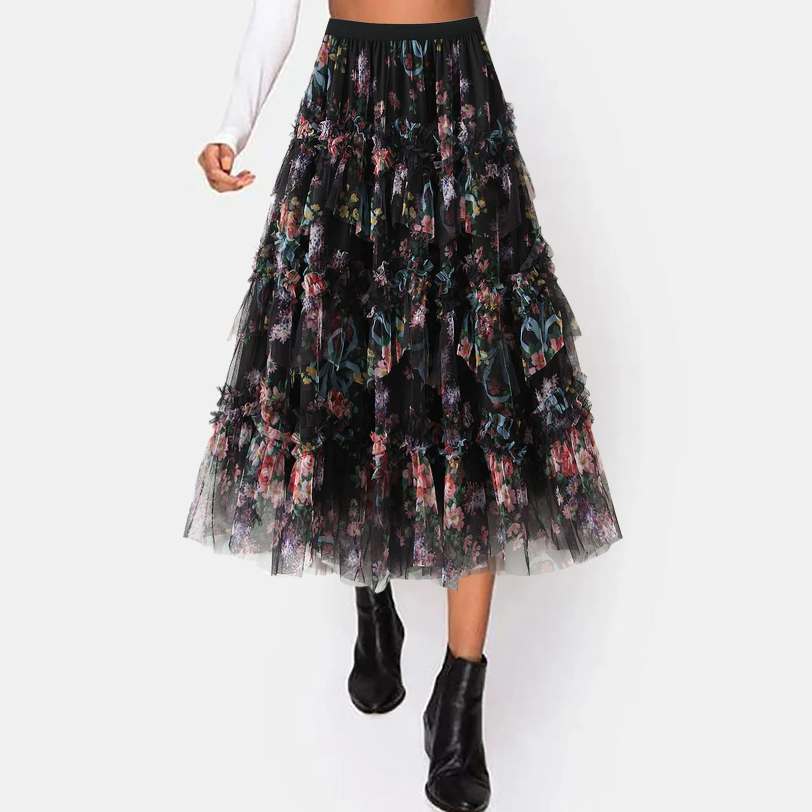 

Women Mid Length Skirt Dance Party A Line Flowers Prints Mesh Skirt Holiday Party Costume Half Skirts Men's Skirt