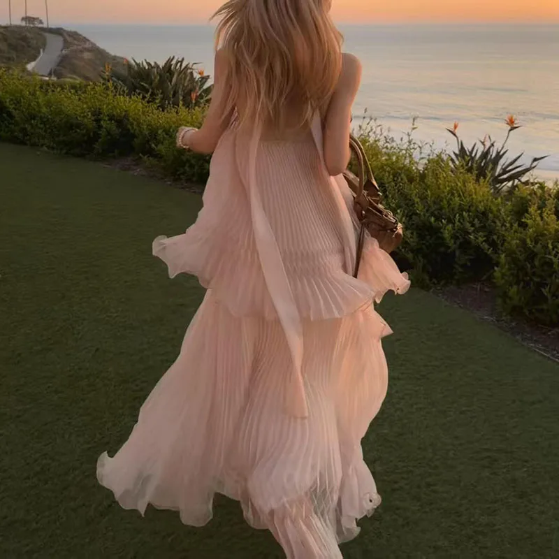 Women's Sleeveless Backless Halter Neck Dress, High-Quality Resort-Style Long Dress, 2026, New Arrival, Y2K, PleatedTiered Skirt