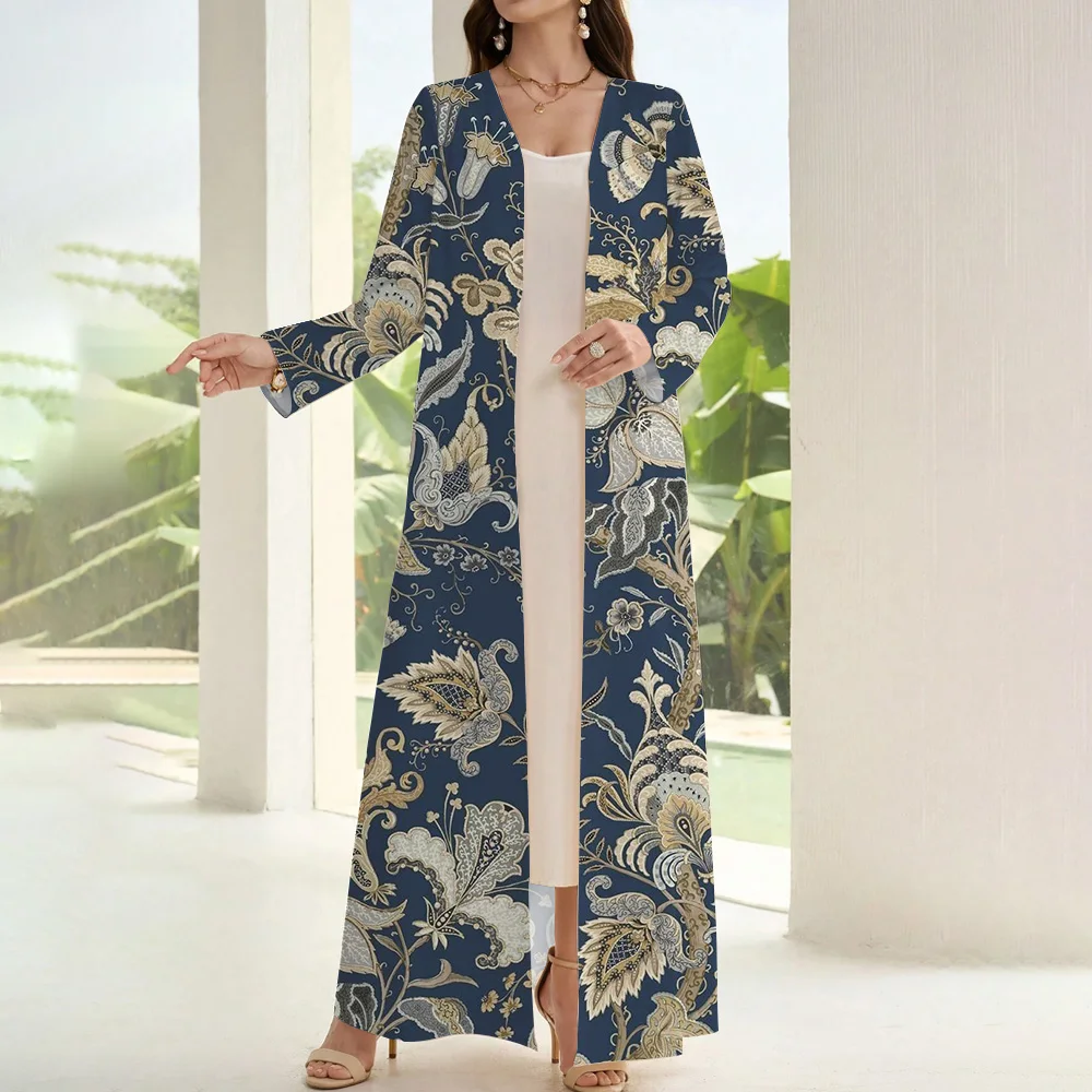 Demure Femme Muslim Islamic Abaya 2024 Ramadan Clothing Long Sleeve Fake Two Pieces Open Kimono Print Abaya Dubai Luxury Abaya