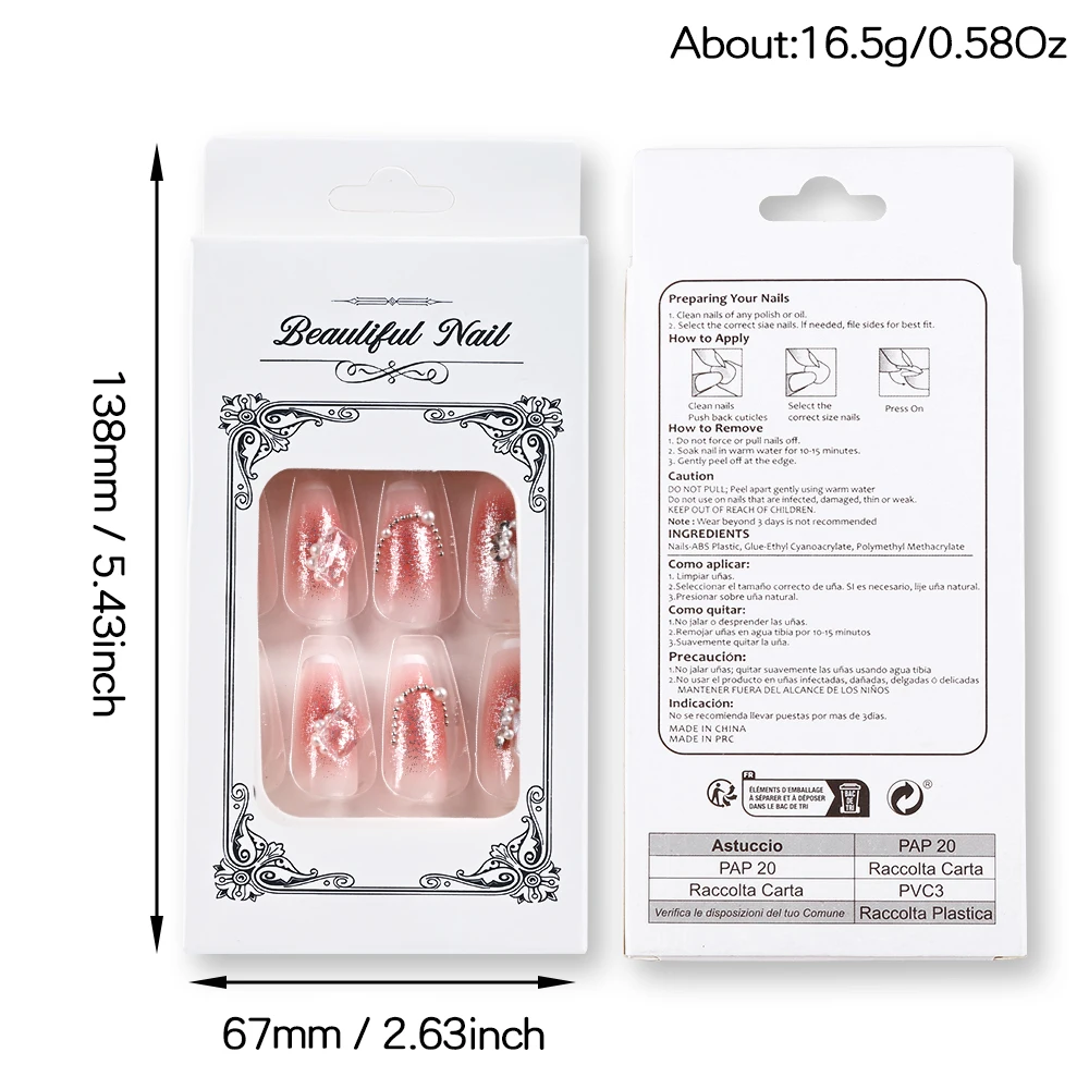 24 pçs francês glitter blush unhas falsas com gelo 3d borboleta transparente, pérola, gema imprensa artesanal em unhas cobertura completa unhas falsas