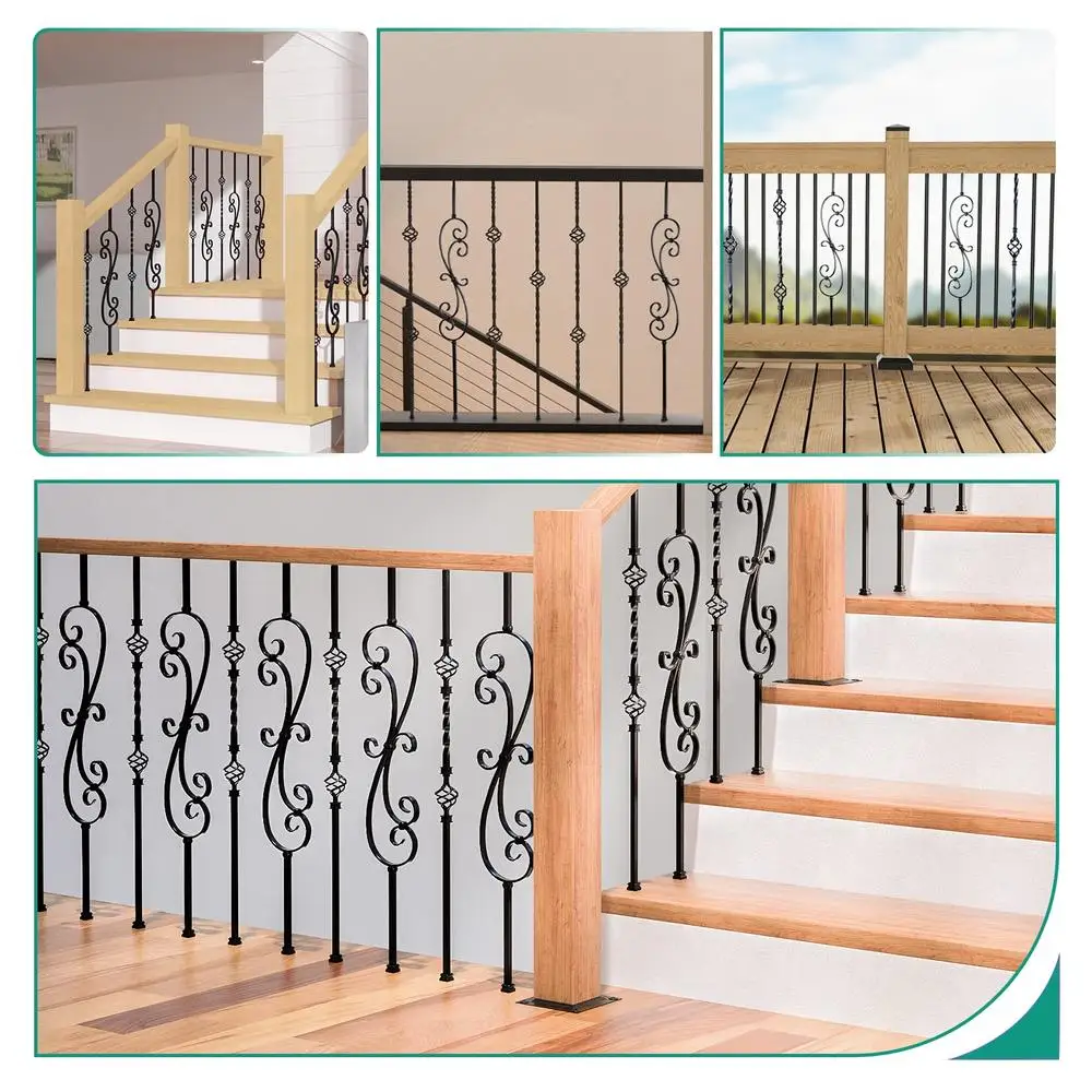 5-Pack Black Scroll Wrought Iron Stair Baluster Hollow Deck Spindle Kit Easy Install High Quality Interior Exterior Railing