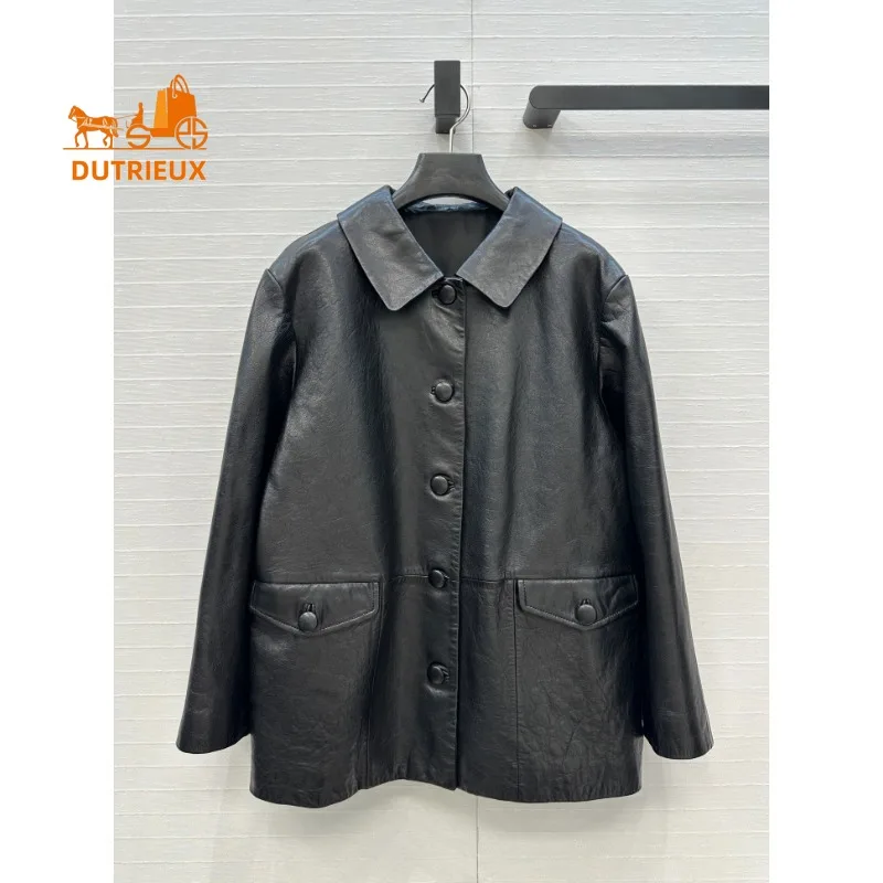 

2025 New Autumn and Winter Women's Lapel Single-breasted Button Placket Leather Jacket, 100% Sheepskin Simple and Versatile Coat