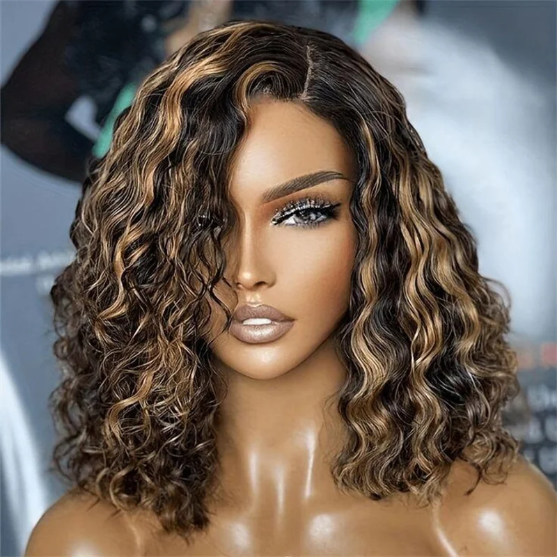 

Soft Natural Black 16" Short Cut Bob 180% Density Kinky Curly Deep Lace Front Wig For Women Baby Hair Preplucked Glueless Daily