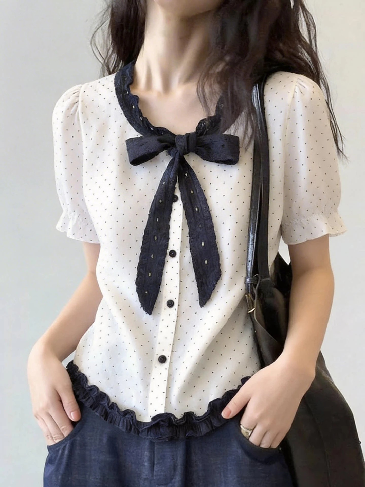 

Elegant Polka Dot Shirt with Bow Design Short Sleeve Color Block Spring Summer Fashion Korean Style Straight Cut Silk Top