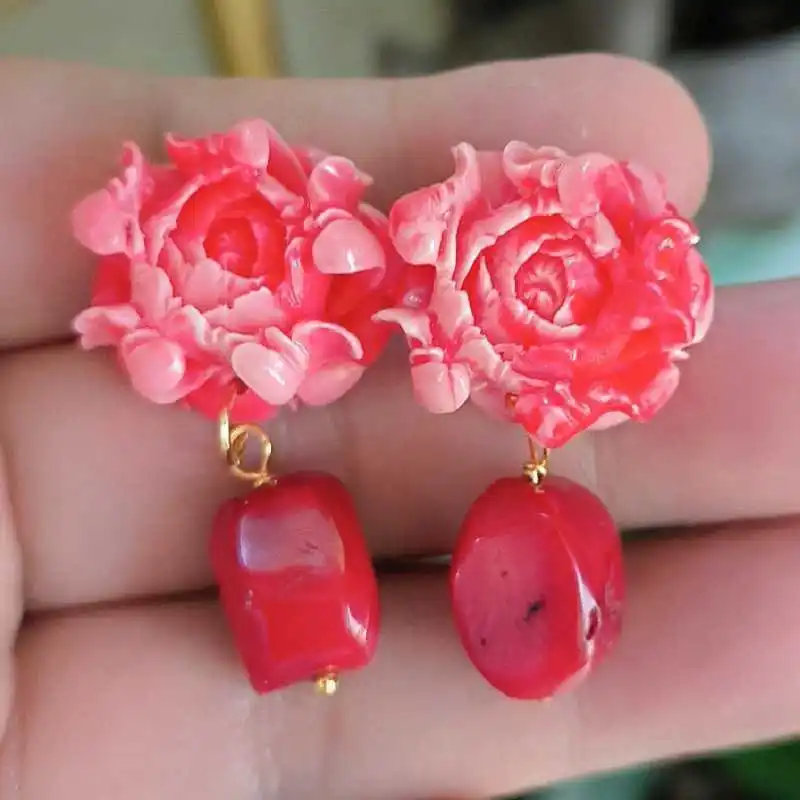 

Handmade coral hibiscus flower earrings + red coral pendant Drop Teens Formal Beaded Chandelier Bohemian Custom Handmade Diamond